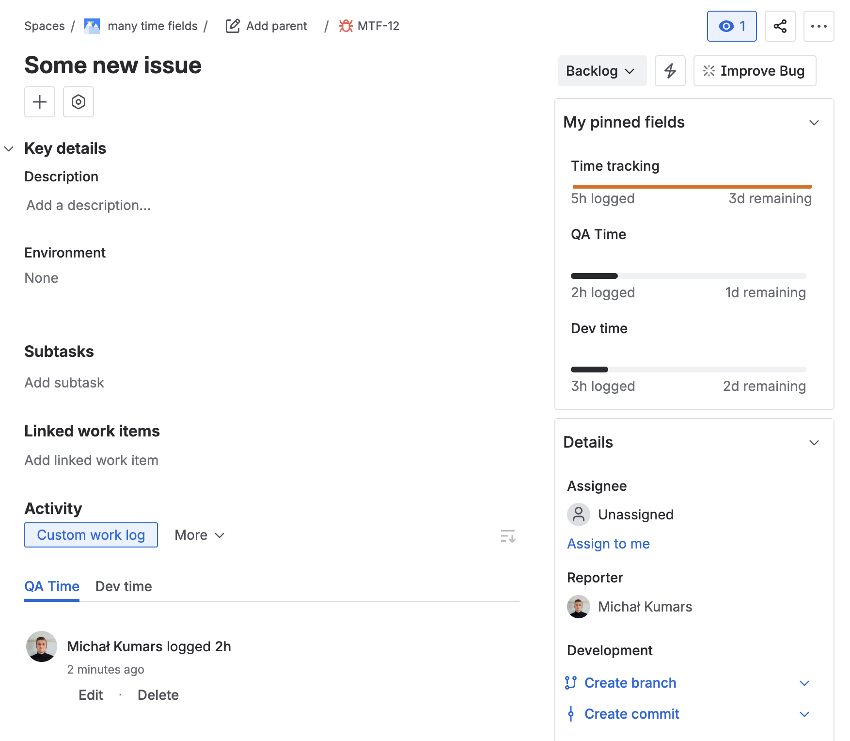 Issue view showing Dev Estimate and QA Estimate fields alongside Jira's native Time Tracking with combined totals